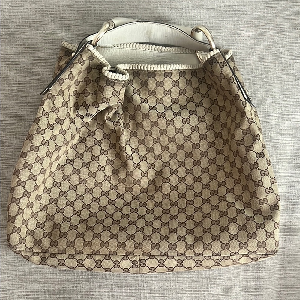 Gucci Tan and White Shoulder Bag with Monogram Pattern